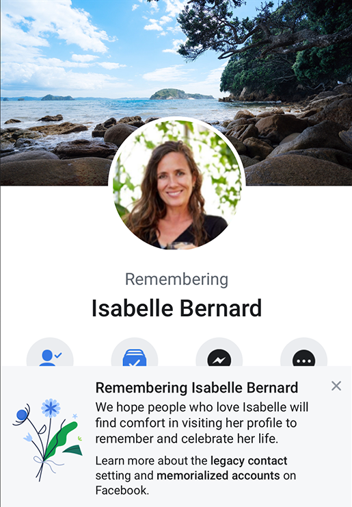 Isabelle Bernard example Facebook memorialized profile (screenshot)